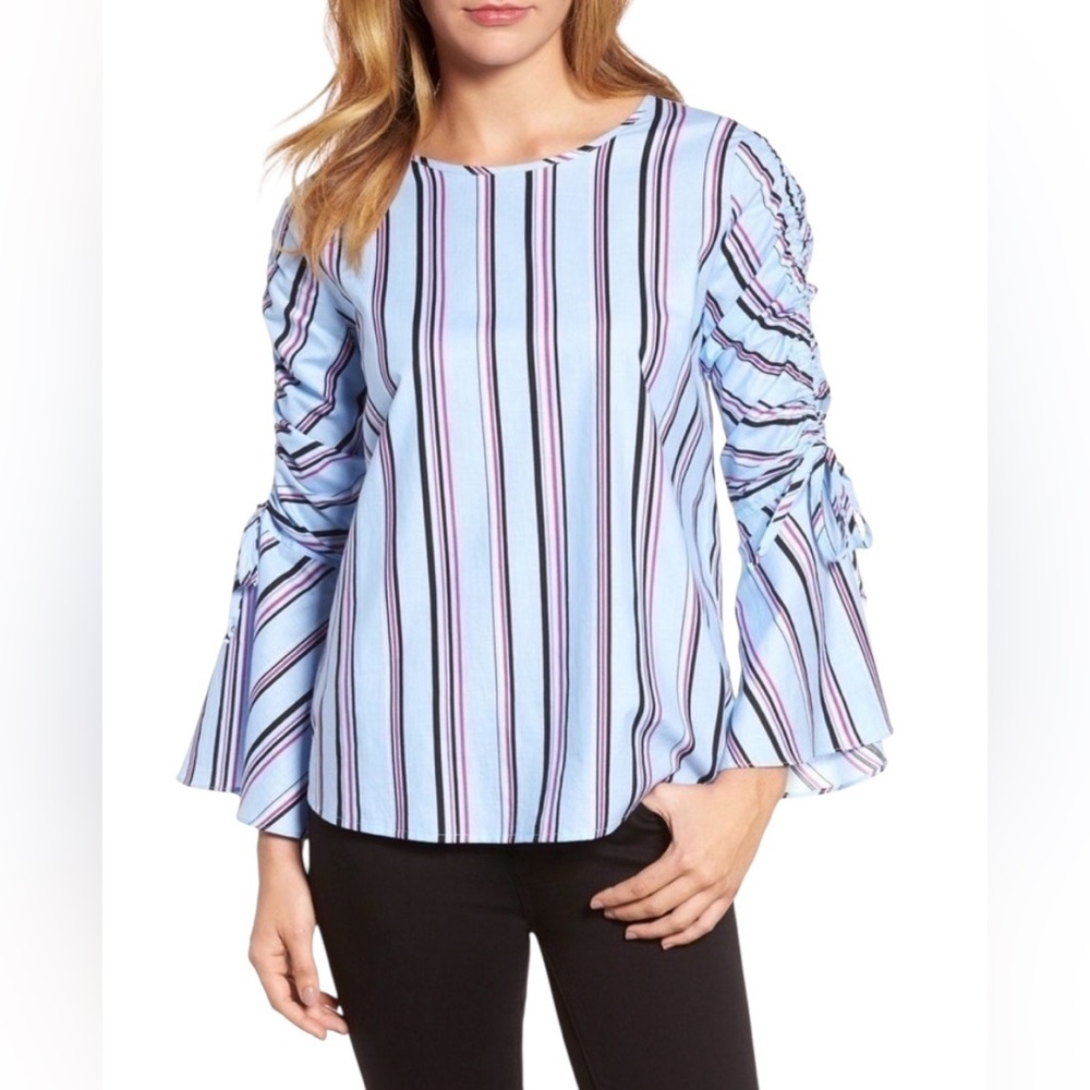 Halogen Ruched Sleeve Magenta Striped Top Small